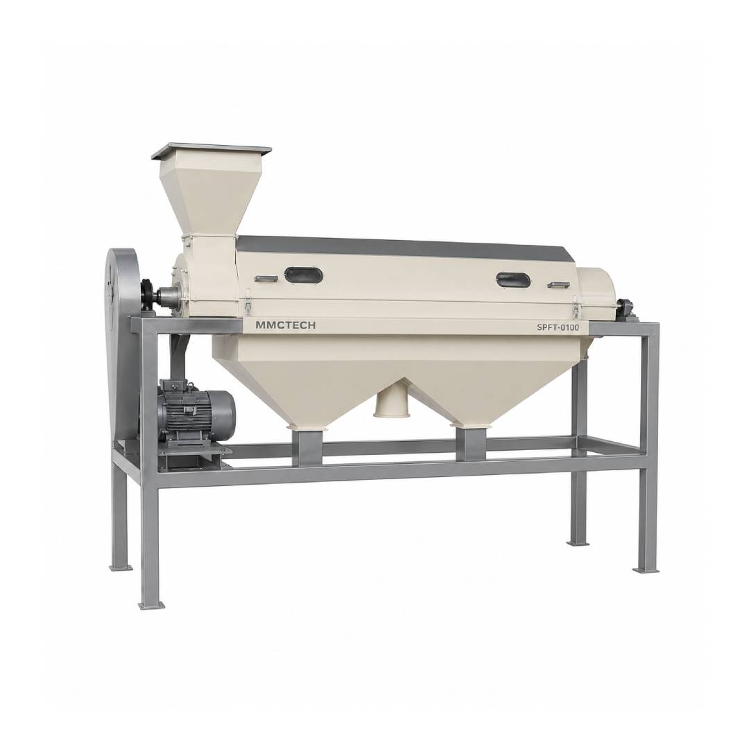 MMCTECH SPFT-0100 Continuous Seed Polishing Machine for sale designed for seed polishing, surface cleaning, pulse polishing, corn polishing and agricultural product finishing applications.