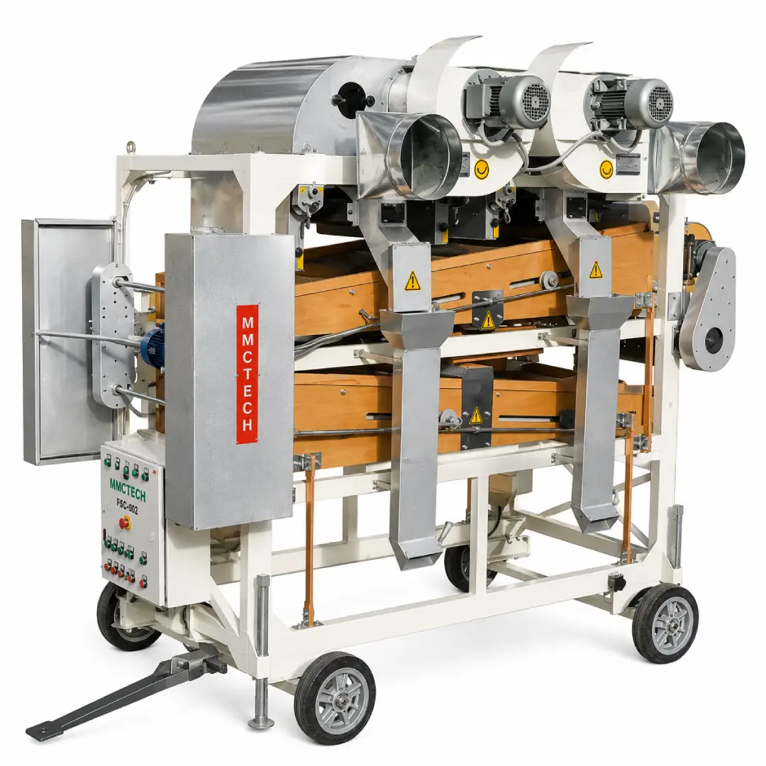 MMCTECH FSC-002 Two Deck Fine Seed Cleaner Machine for sale designed for precision seed cleaning, seed grading, grain cleaning, pulse processing and light impurity separation applications.