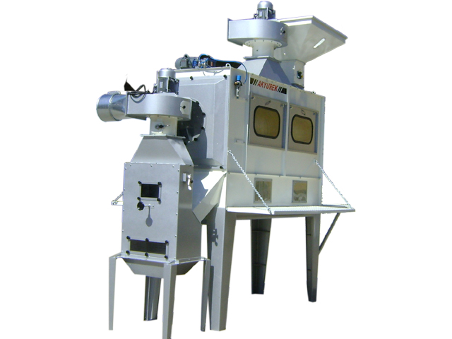 Full view of industrial batch seed polishing machine used for seed scarification and surface treatment