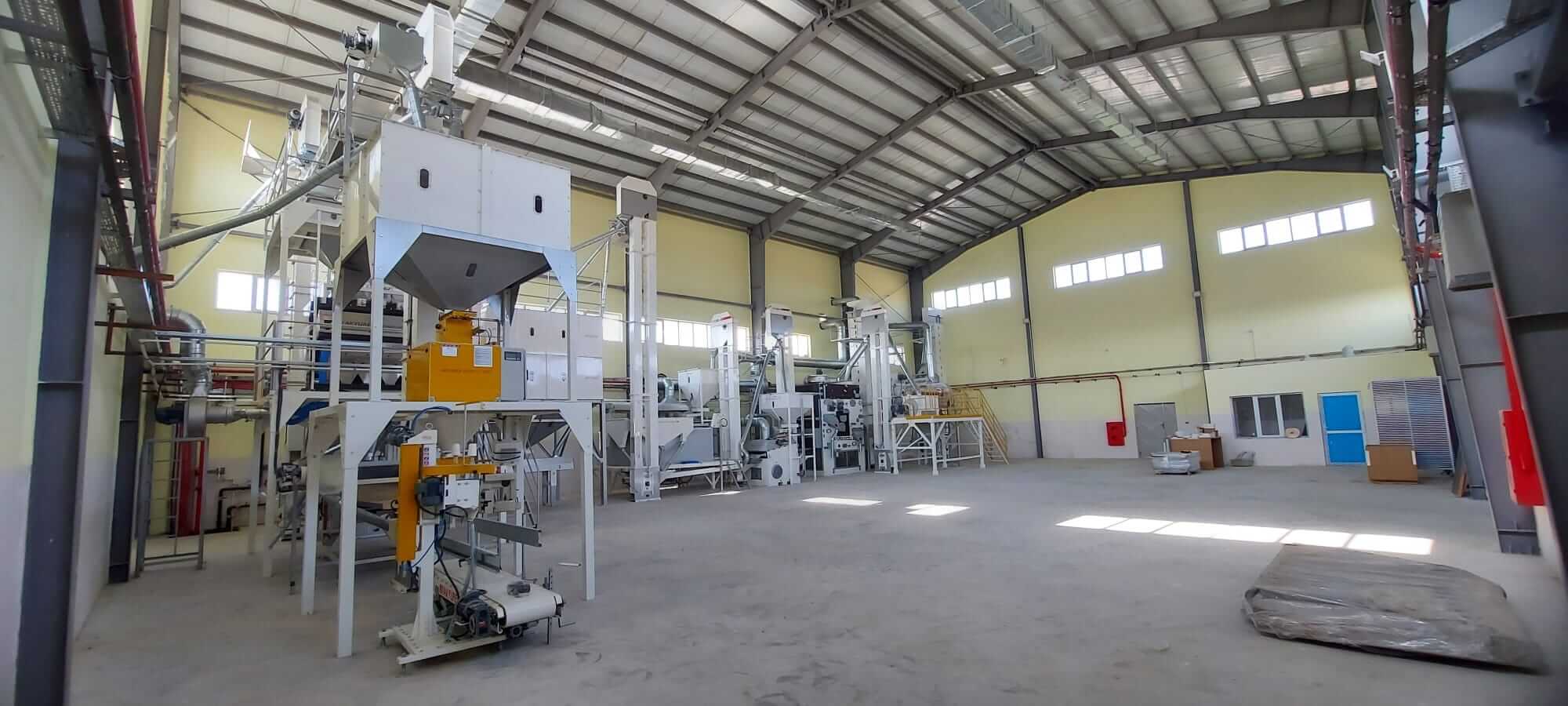 MMCTECH soybean cleaning equipment with destoner, grader, and seed bagging system inside warehouse plant