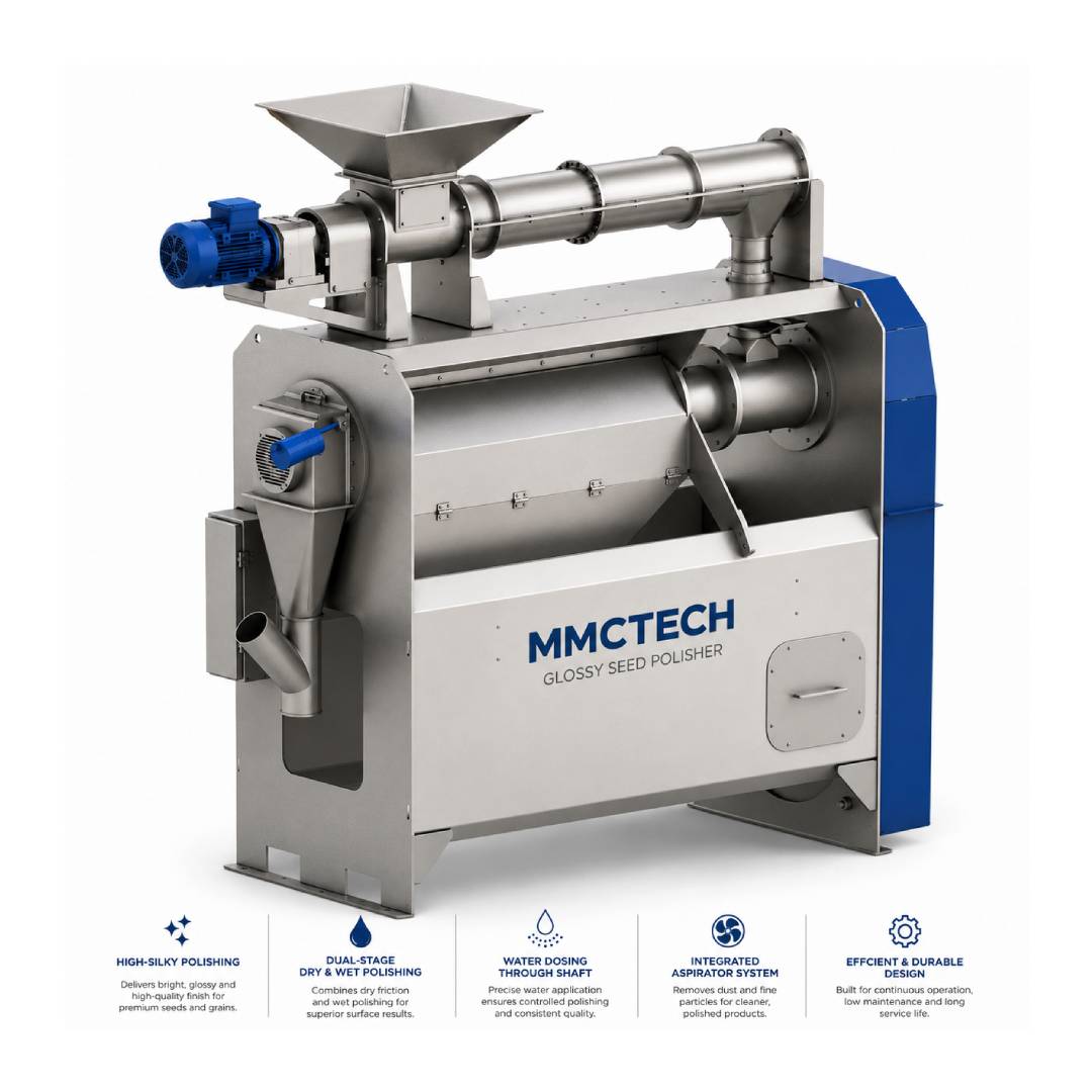 MMCTECH SPGT-0100 Glossy Seed Polisher Machine for sale designed for glossy seed polishing, rice polishing, quinoa polishing, sunflower seed polishing, sesame polishing and grain surface finishing applications.