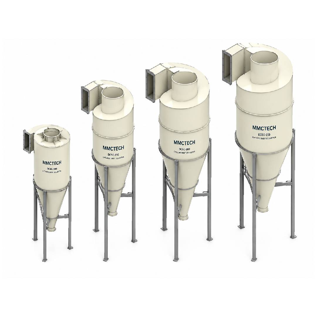 MMCTECH DCSC Series Cyclone Dust Collector System for sale designed for industrial dust collection, air filtration, seed processing dust control, woodworking dust removal and cyclone particle separation applications.