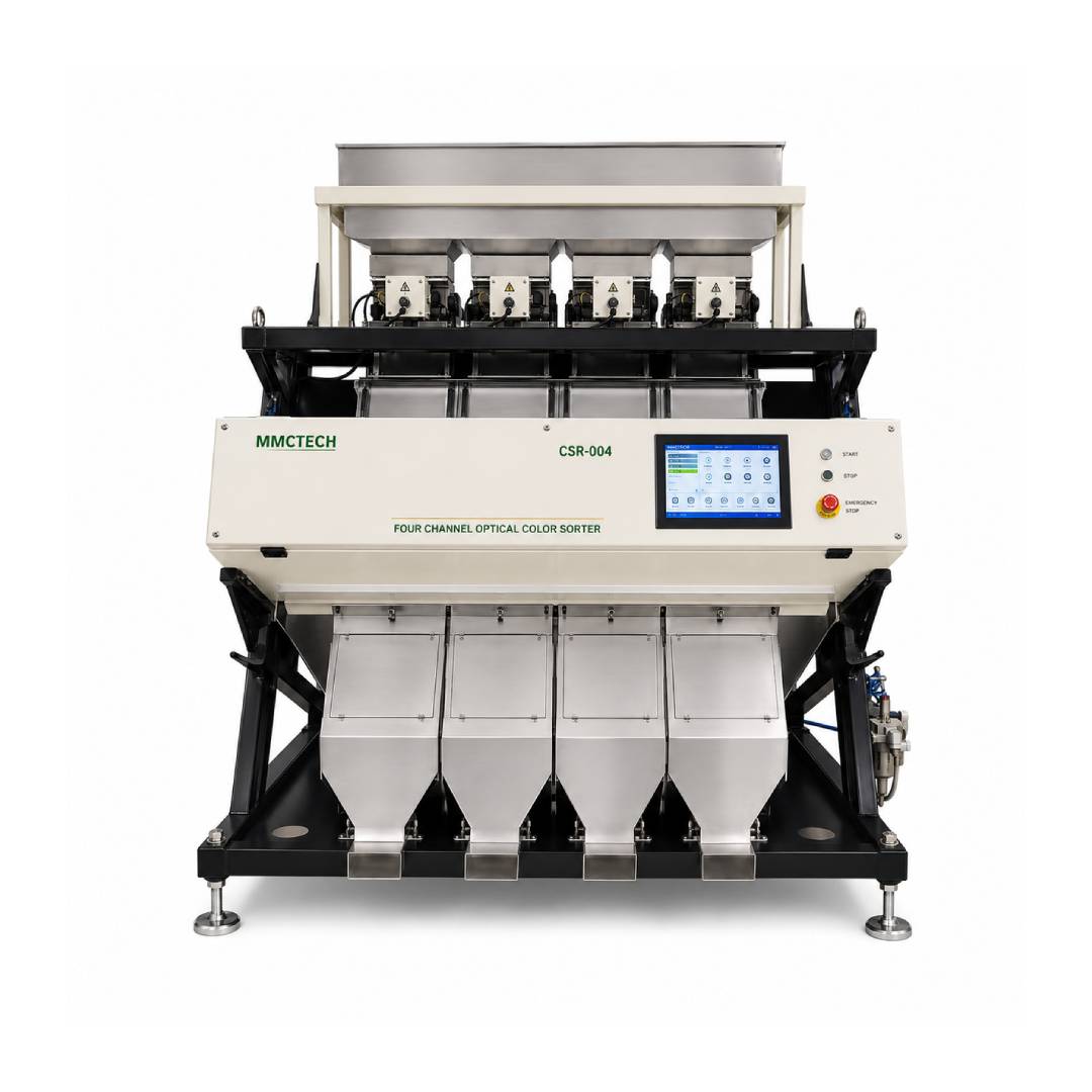 MMCTECH CSR-004 four channel optical color sorter machine for seeds, grains, pulses, beans, lentils, rice, sunflower seed, sesame seed, peanuts, and agricultural product sorting