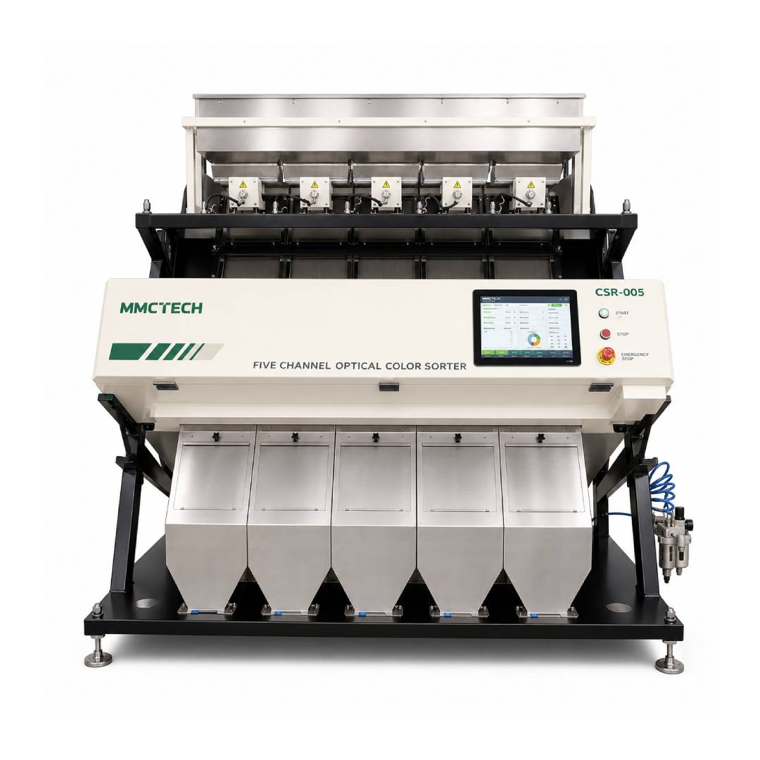 MMCTECH CSR-005 five channel optical color sorter machine for seeds grains pulses beans rice lentils sesame and nuts on white background