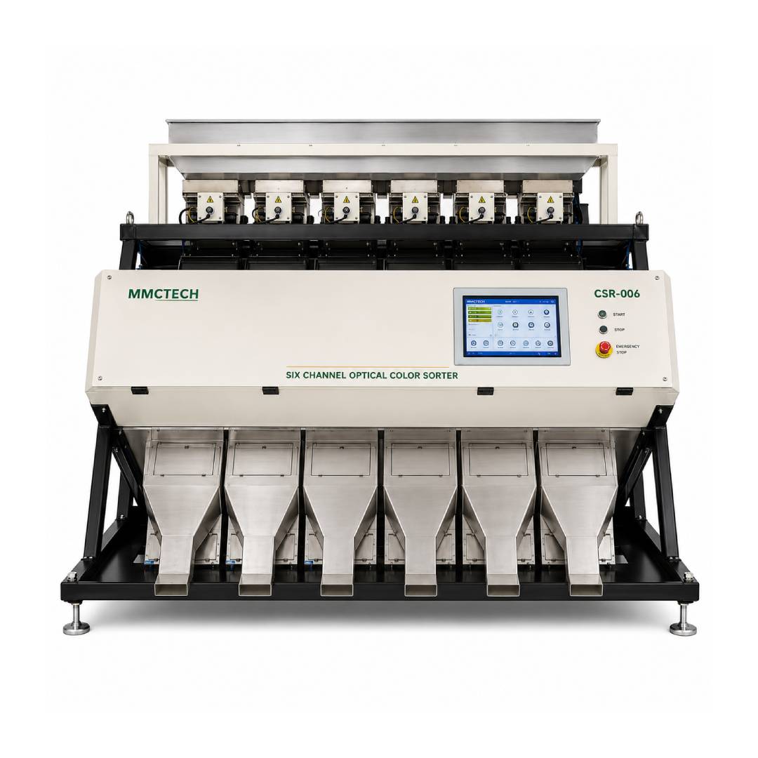 MMCTECH CSR-006 six channel seed color sorter machine for sale for seed sorting, grain sorting, soybean color sorting, rice sorting, pulses, lentils, beans, sesame, sunflower seed and commercial grain color sorter applications.