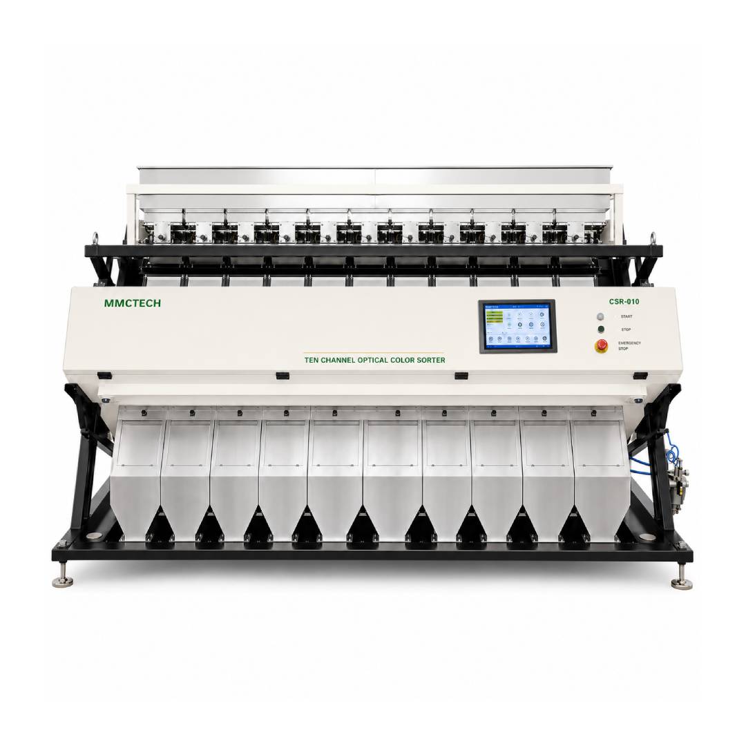 MMCTECH CSR-010 ten channel optical color sorter machine for sale for seed sorting, grain sorting, rice sorting, soybean sorting, pulses, lentils, beans, sesame, sunflower seed, peanuts, pistachios and high-capacity agricultural product sorting.