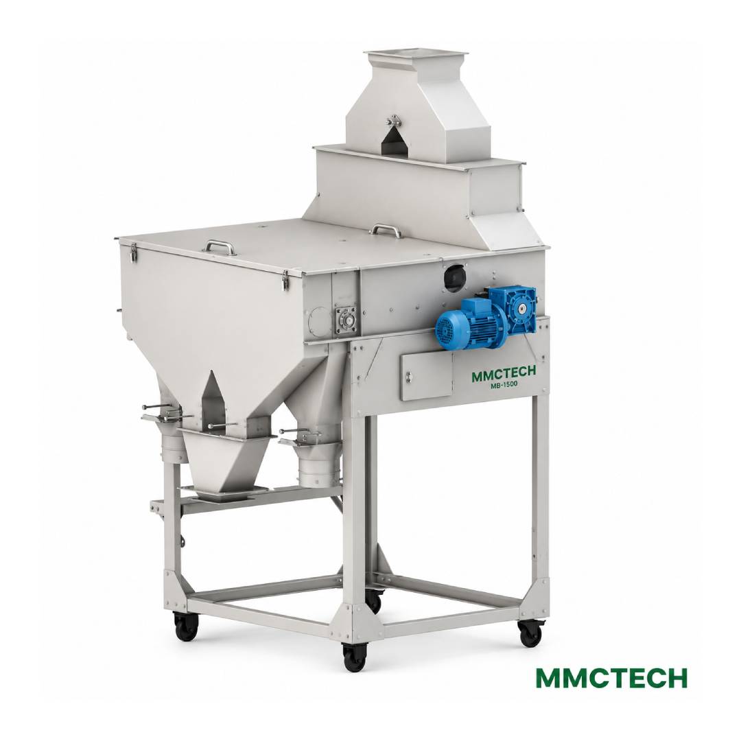 MMCTECH MB-1500 Rare Earth Magnetic Belt Separator for sale designed for high-efficiency metal removal, seed processing, grain cleaning, food processing, feed milling and bulk material magnetic separation applications.
