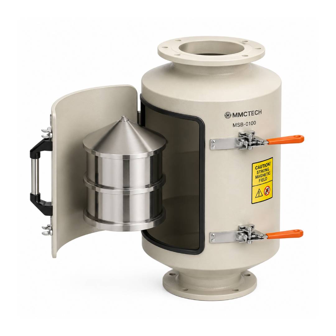 MMCTECH MSB-0100 Housed Bullet Magnetic Separator for sale designed for high-intensity magnetic separation, tramp iron removal, seed processing, grain cleaning, powder processing and bulk material protection applications.