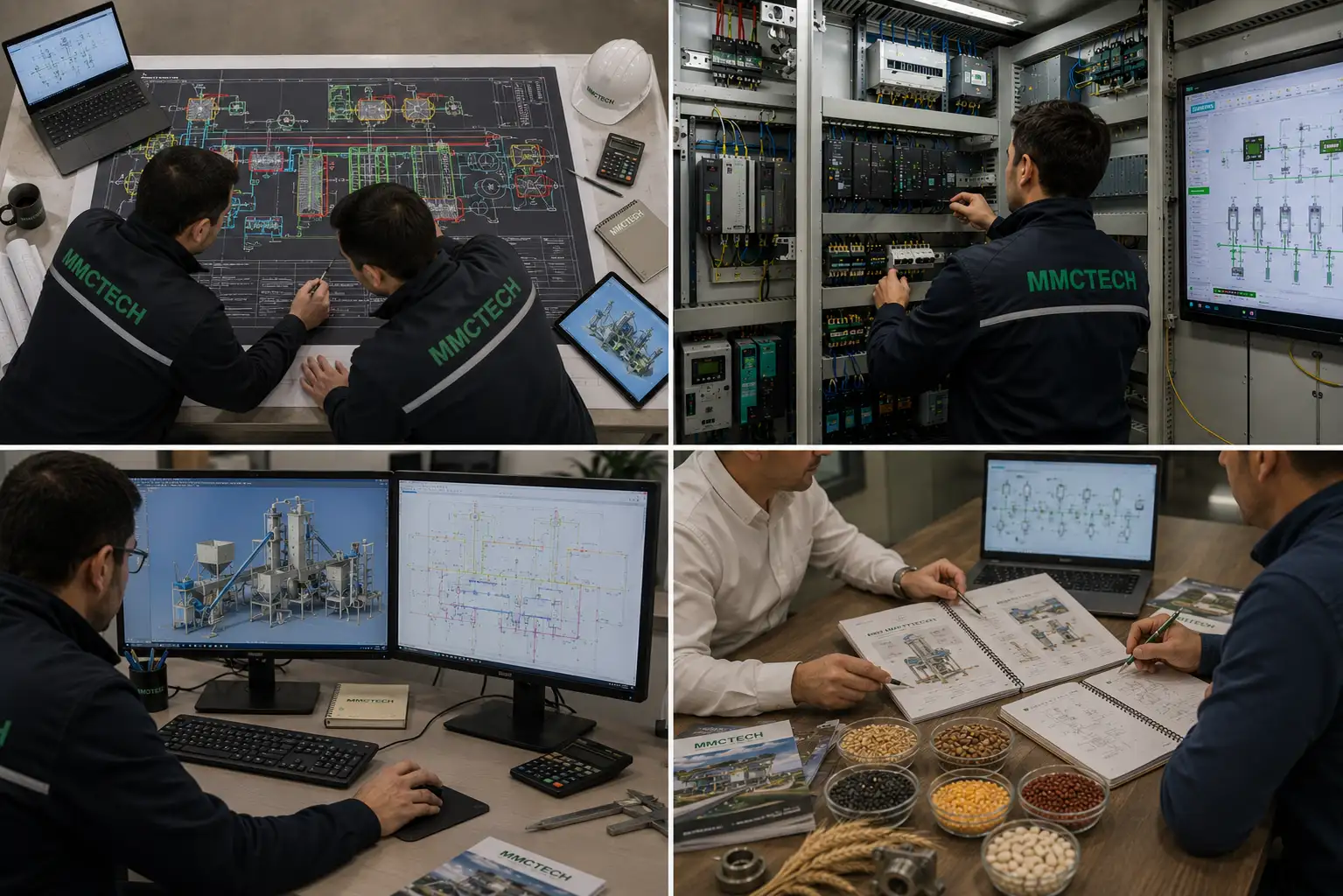 MMCTECH engineering team providing seed processing project planning, automation design, control panel integration, and customer support solutions