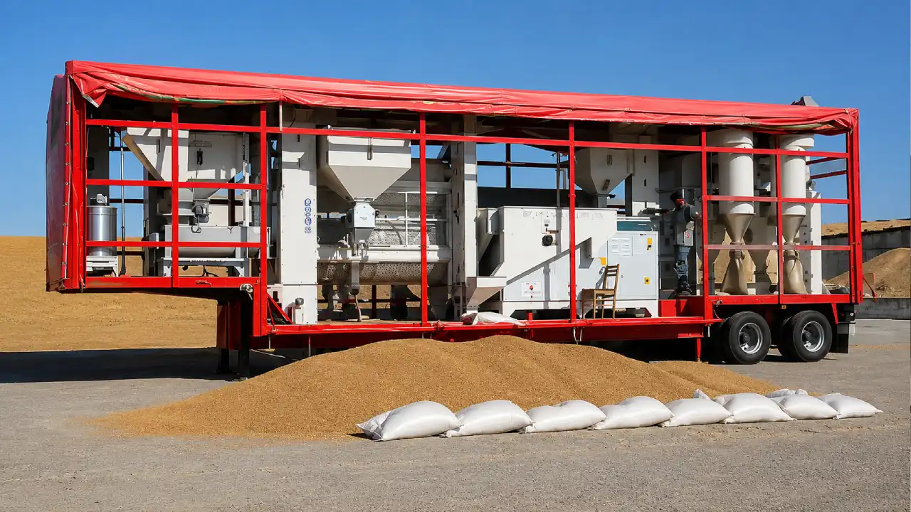 MMCTECH portable mobile seed processing plant for cleaning, grading, conditioning, and processing all seed types and grains