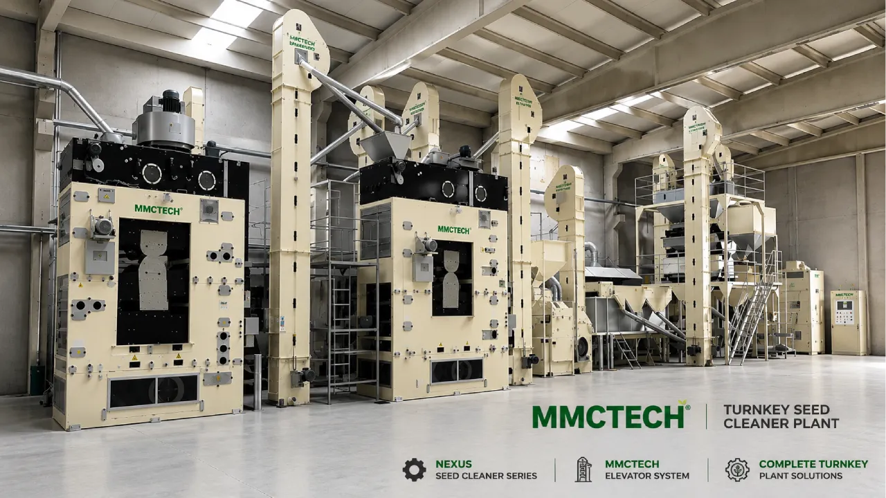 MMCTECH turnkey seed cleaner plant with Nexus seed cleaner series and bucket elevator system for seed cleaning and grain processing